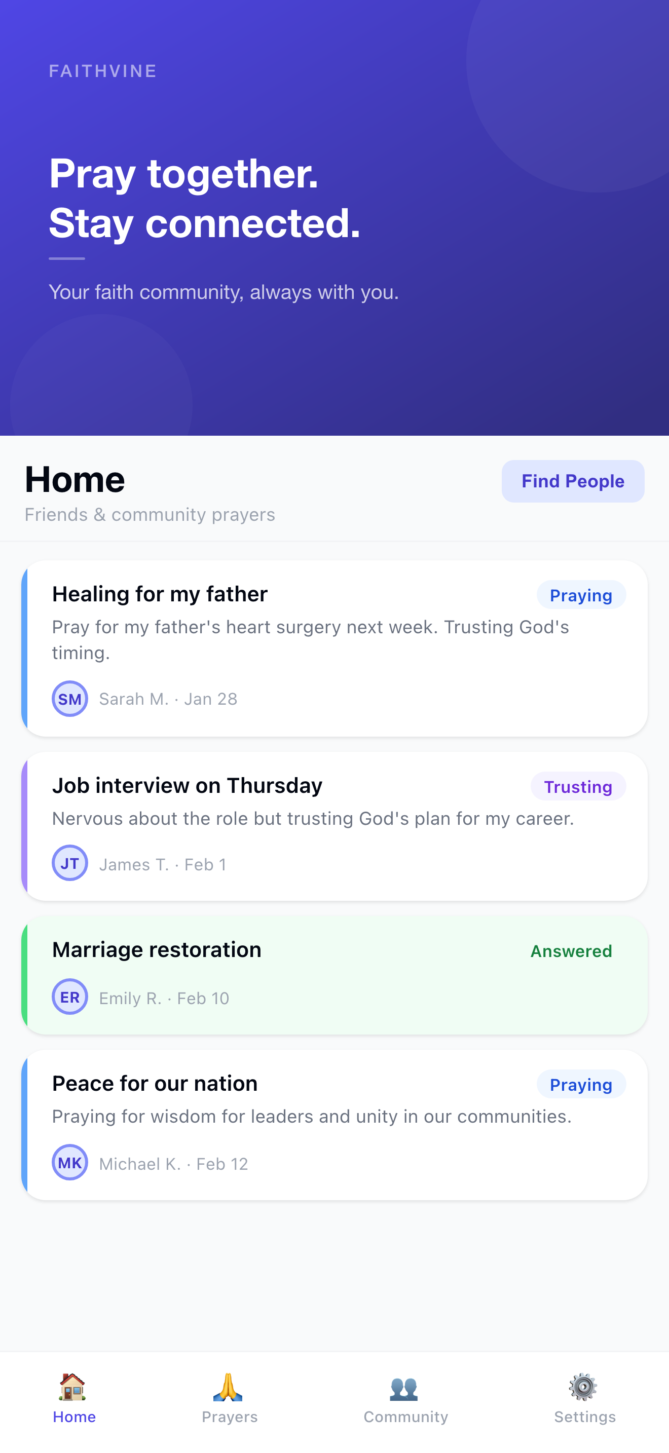 Home feed showing friends' prayer requests