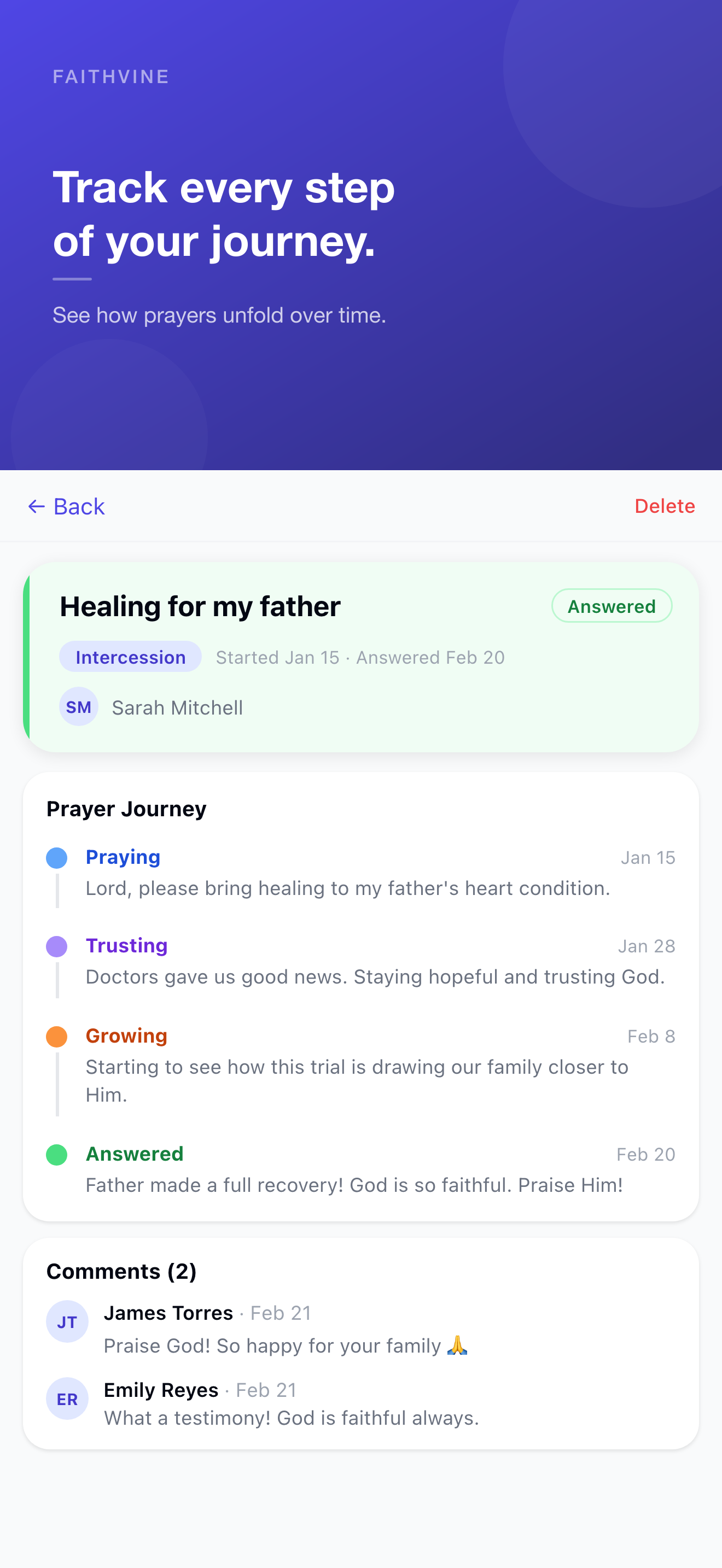 Prayer detail screen with status timeline