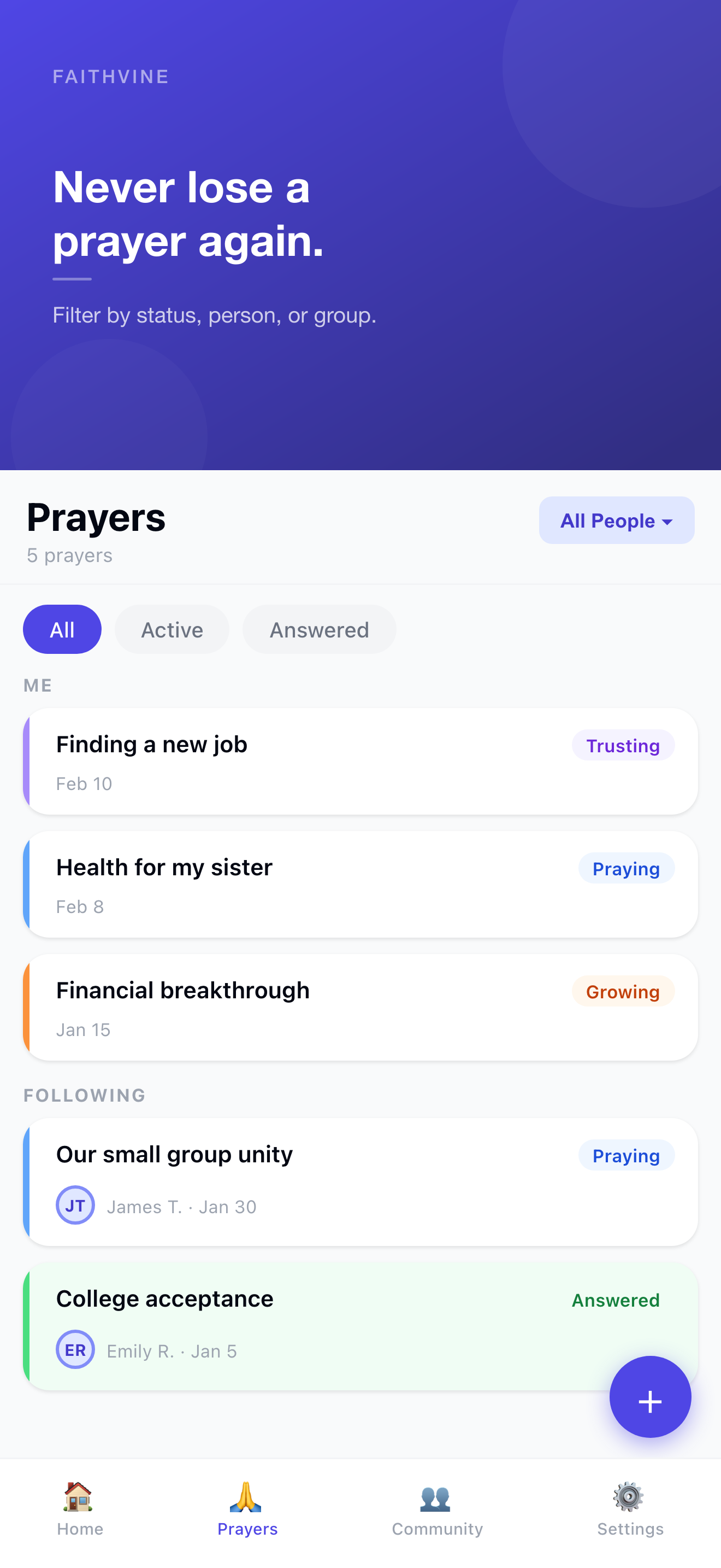 My prayers list with status filters