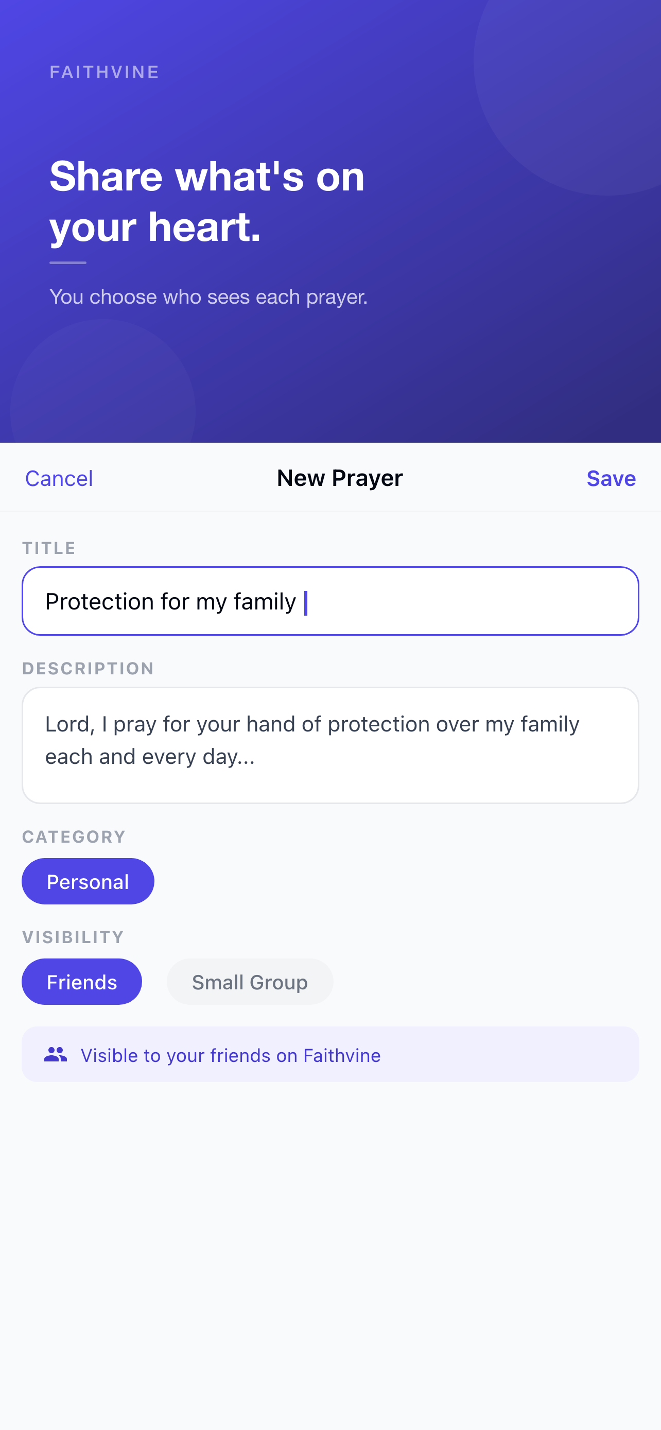 Create a new prayer and choose who can see it