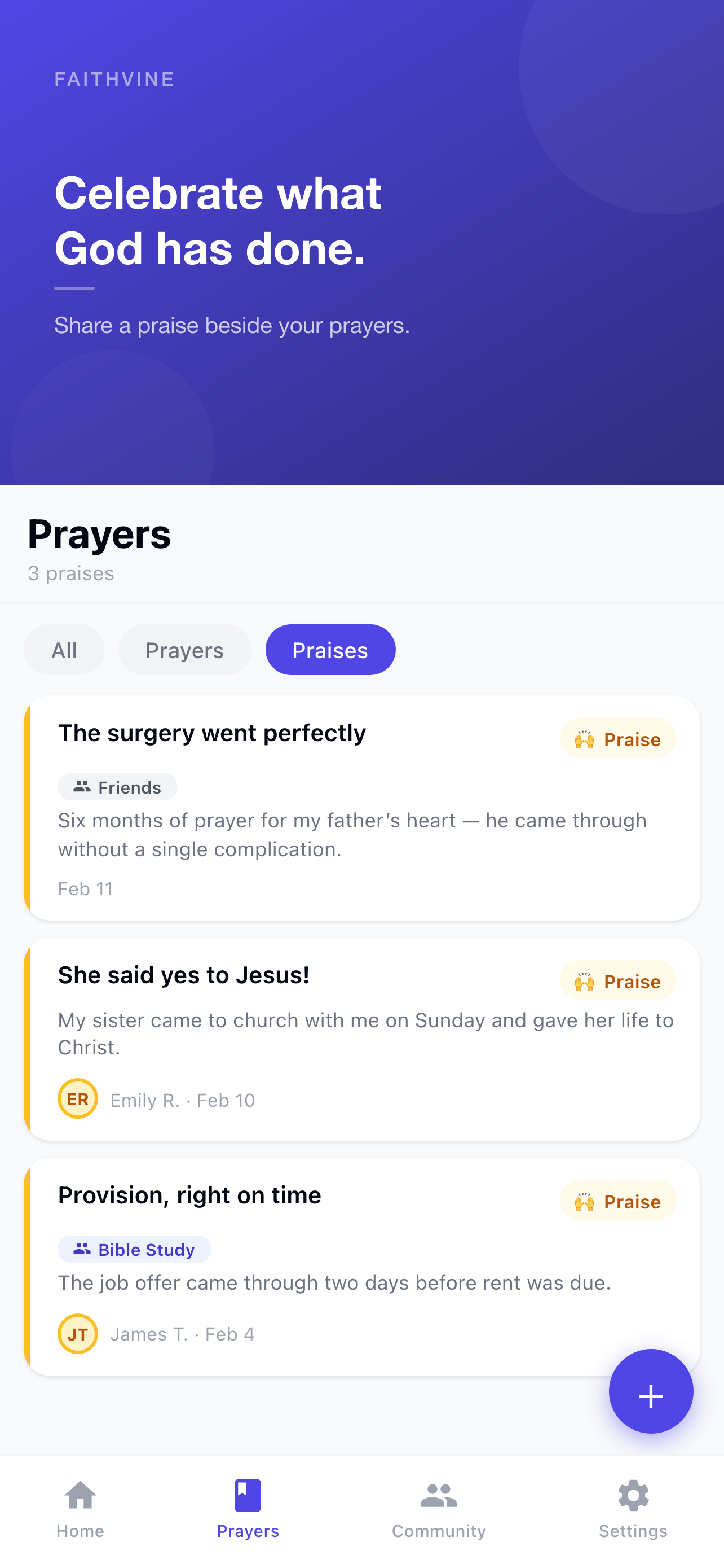 Praises — short thanksgiving posts celebrating answered prayer, alongside prayer requests